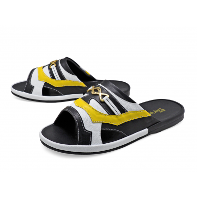 Men Sandals SKF-39 Black-White-Yellow Microfiber Leather